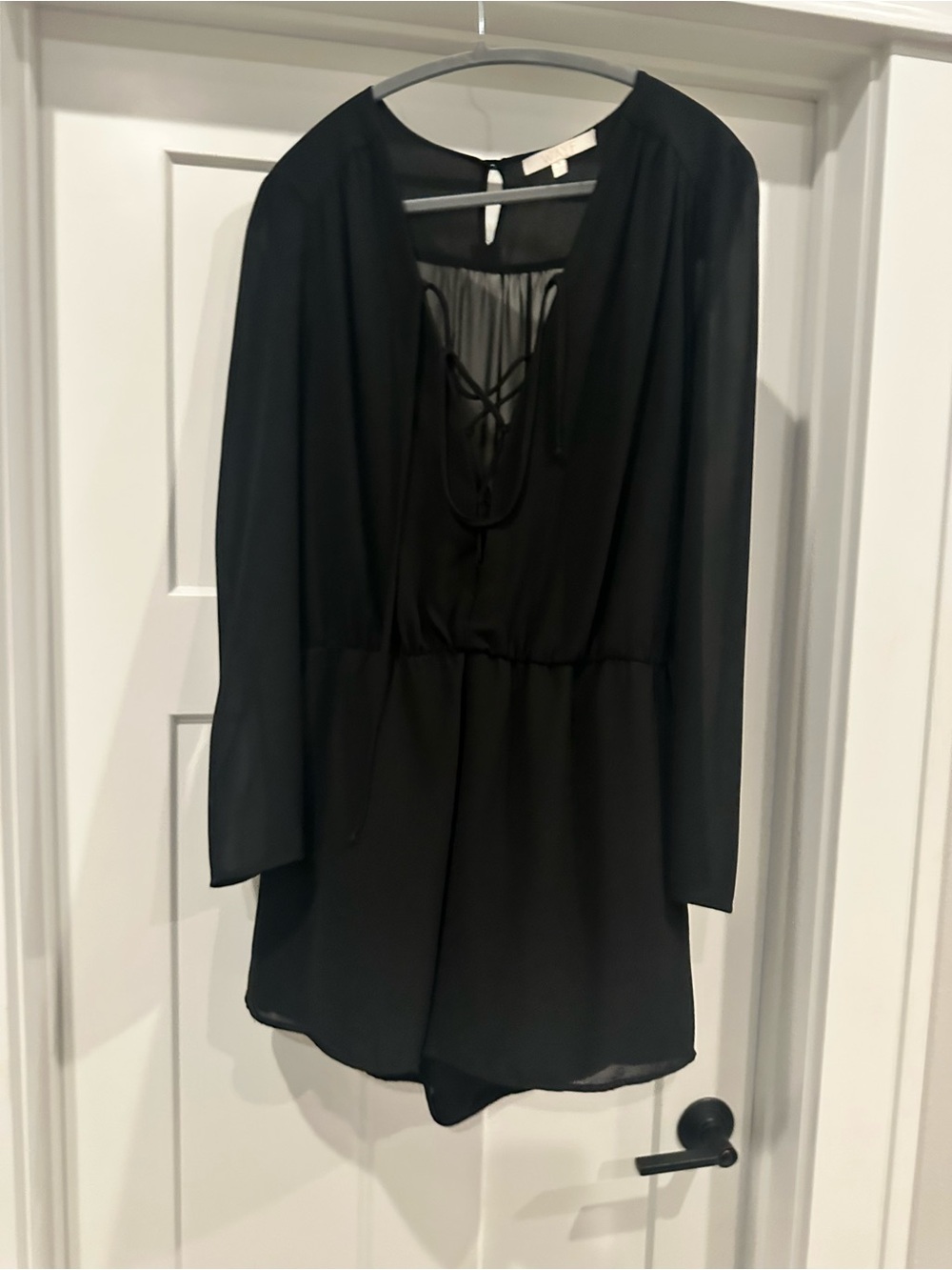 WAYF Black Sheer-Sleeve Lace-Up Romper